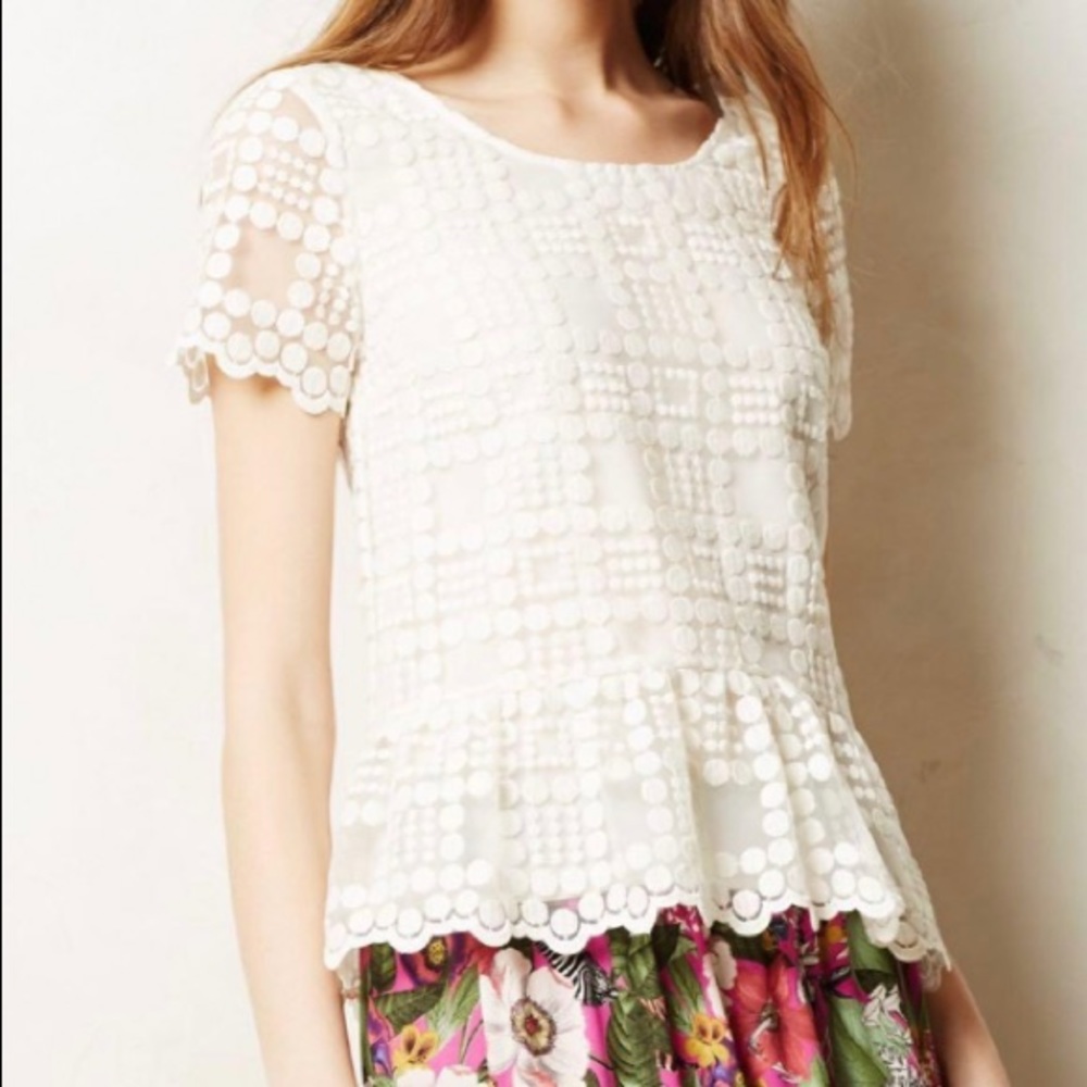 Anthropologie Leifsdottir Dotted Embroidered Mesh Peplum Top in White/Ivory 6